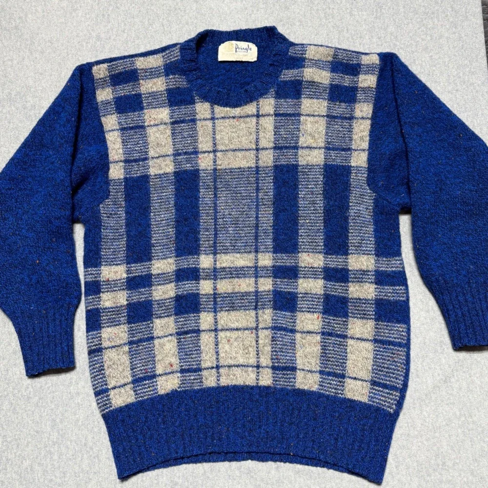 Pringle of Scotland Mens Vintage Blue Plaid 100% Shetland Wool Sweater Medium